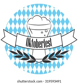 Beer oktoberfest line logo badge banner. Beer glass and wheat branches. Round linear Oktoberfest label sticker. Blue and white backdrop