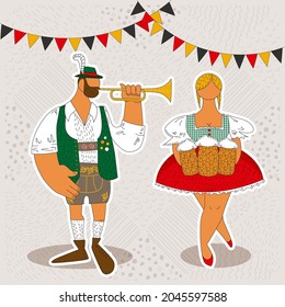 Beer Oktoberfest Man And Woman Wearing Traditional Clothes drawn characters