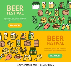 Beer and Oktoberfest Signs Banner Horizontal Set with Color Outline Icons Include of Brewery Elements. Vector illustration of Banners Cards