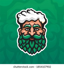 Beer old man character with green hoppy beard and mustache