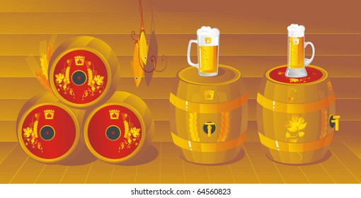 Beer on draught in kegs and mugs