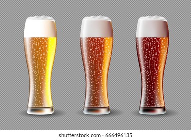 Beer on glass. Realistic vector beer set on transparent background.