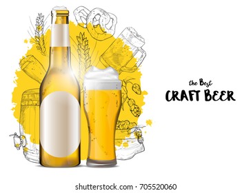 Beer on hand drawn doodle style with different beer and snack objects. Vector Illustration.