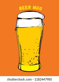 Мug with beer on a orange background .Drinks with a lot of foam.