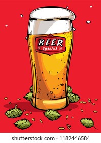 Мug with beer on a red background and  hops .Drinks with a lot of foam.