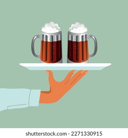 Beer on a tray. Glass of beer men holding in hand. Mug in hand isolated in flat style on background. The waiter makes the flow of alcohol. Illustration. Light alcoholic drink, cool foam.