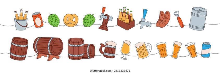 Cerveja uma linha colorida desenho contínuo. Barris de madeira, latas, canecas, barril de metal, abridor de garrafas, salsichas, cone de salto contínuo uma linha ilustração.