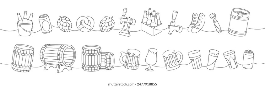 Beer one line continuous drawing. Wooden barrels, cans, mugs, metal keg, bottle opener, sausages, tap, hop cone continuous one line illustration.