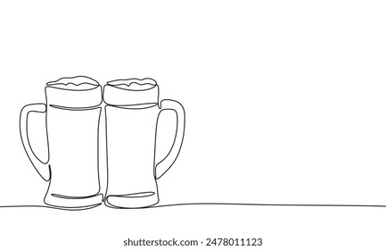 Beer one line continuous. Two beer glasses line art. Hand drawn vector art.
