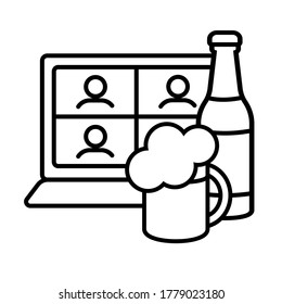 Beer online party linear icon. Monitor with chat friends. Bottle and glass of floam beer. Thin line illustration. Oktomberfest at home. Invitation to evening. Vector isolated outline. Editable stroke