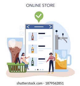 Beer online service or platform. Craft beer production, brewing process. Draught beer tank, bar or pub menu. Online store. Isolated flat vector illustration