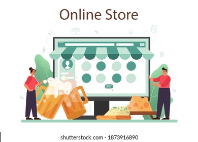 Beer online service or platform. Glass bottle and vintage mug with craft alcohol drink. Bar or pub menu. Online store. Isolated flat vector illustration