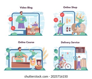 Beer online service or platform set. Glass bottle and vintage mug with craft alcohol drink. Craft beer, bar or pub menu. Online course, shop, video blog, delivery service. Flat vector illustration