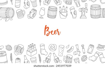 Beer outline banner. Old wooden barrels, cans, glasses, mugs. Brewing process, brewery factory production. Vector illustration.
