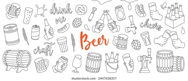 Beer outline set. Wooden barrels, cans, mugs, metal keg, bottle opener, sausages, tap, hop cone. Brewing process, brewery factory production.