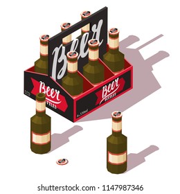 Beer pack icon with open and closed beer bottles. Low poly vector isometric illustration.