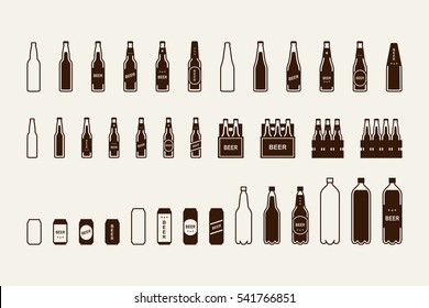 Beer package icon set: bottle, can, box