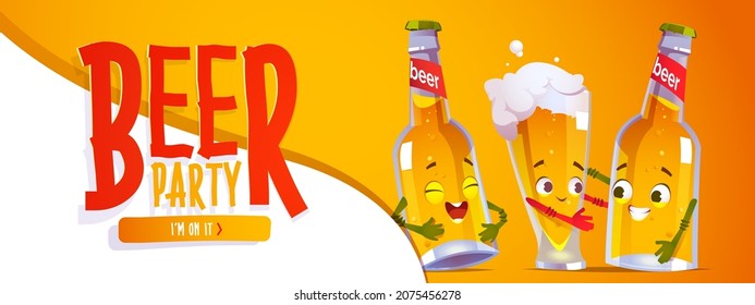 Beer party banner with cute characters of bottles and glass. Invites for alcohol party in pub or bar. Vector poster with cartoon illustration of happy lager pint and mug of beer personages