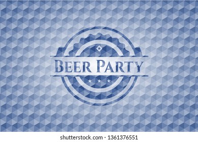 Beer Party blue emblem or badge with geometric pattern background.