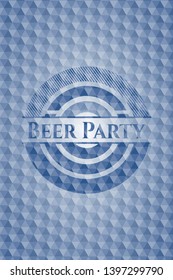 Beer Party blue emblem or badge with geometric pattern background. Vector Illustration. Detailed.