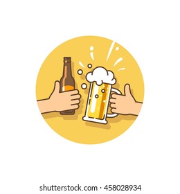 Beer party. Celebration of the current event. Two hands holding the beer bottle and beer glass. Vector illustration in flat style.