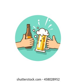 Beer party. Celebration of the current event. Two hands holding the beer bottle and beer glass. Vector illustration in flat style.