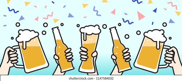 Beer party concept in horizonal outline cartoon, people holding beer with confetti background