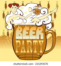 Beer party design.  Picture contains the images of beer mug, girl with beer mug, fish, ship and text on a  vintage background. 