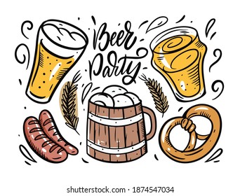 Beer Party doodle elements. Comic hand drawn style. Colorful vector illustration.