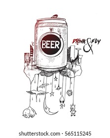 Beer party flyer concept poster  banner design, drink  fly, Hand Drawn Sketch Vector illustration. 