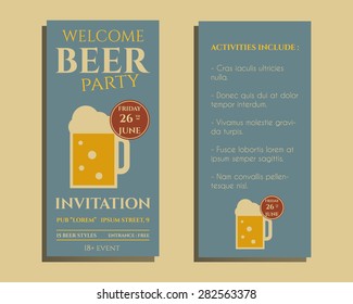 Beer party flyer invitation template with glass of beer. Vintage design for club, pub or night beer party. Isolated on retro color background. Vector illustration