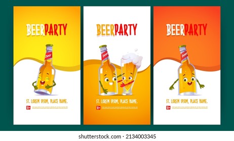 Beer party flyers with funny bottle and glass characters. Vector posters of event with brewery drinks in pub, bar of restaurant with cartoon illustration of cute lager pint hug with mug of beer