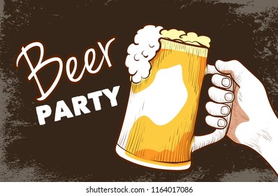 Beer party hand drawn banner. Hand holding full beer glass mug. Festival flyer or beverages restaurant vintage poster. Vector illustration.