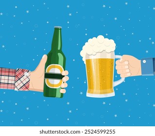 Beer party. Hands holding beer glass and beer bottle. Concept of cheering people party celebration