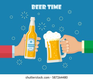 Beer party. Hands holding beer glass and beer bottle. Concept of cheering people party celebration. Isolated vector illustration flat design.