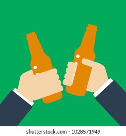Beer party icon silhouette. Two mans holding in hands beer bottles. Toast. Drinking alcoholic beverages. Friday party. Vector flat design