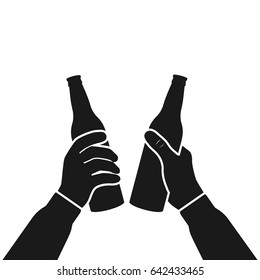 Beer party icon silhouette. Two mans holding in hands beer bottles. Toast. Drinking alcoholic beverages. Friday party. Vector flat design. Isolated on white background. Drinking together pictogram.