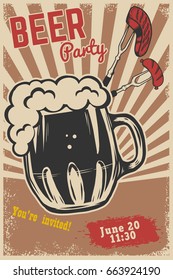 Beer party invitation template. Beer mug, fork with grilled meat and sausage on grunge background. Vector illustration