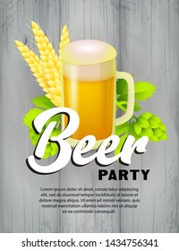 Beer party lettering. Festive banner design with beer mug, spikes and leaves on grey background. Lettering can be used for invitations, advertising, announcements