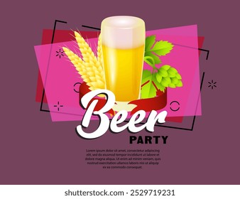 Beer party lettering with beer glass. Festive banner design with beer glass, foam, spikes and leaves on abstract background. Lettering can be used for invitations, advertising, announcements