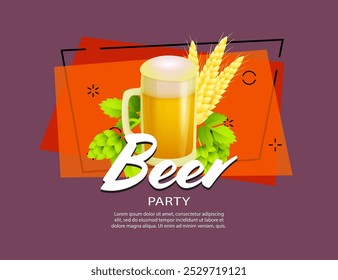 Beer party lettering and beer mug. Festive banner design with beer mug, spikes and leaves on abstract background. Lettering can be used for invitations, advertising, announcements