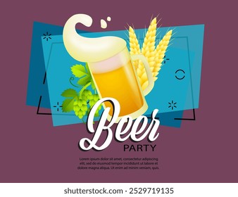 Beer party lettering and mug with foam. Festive banner design with beer mug, foam, spikes and leaves on abstract background. Lettering can be used for invitations, advertising, announcements