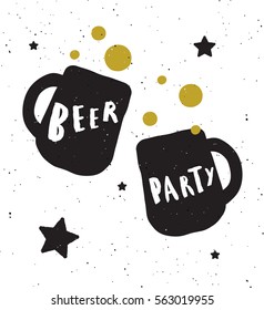 Beer party. Lettering poster. Two beer glasses silhouettes.