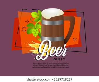 Beer party lettering with wooden beer mug. Festive banner design with wooden beer mug, foam, spikes and leaves. Lettering can be used for invitations, advertising, announcements