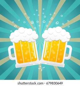 Beer party - mugs of beer on vintage background. Vector.