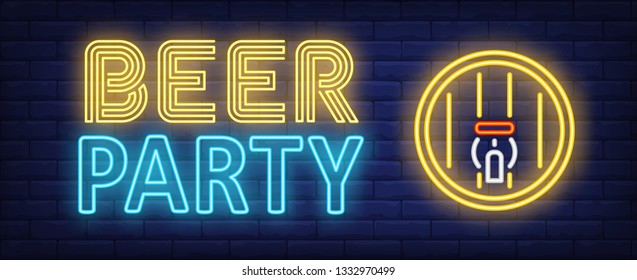 Beer party neon sign. Barrel with tape. Night bright advertisement. Vector illustration in neon style for bar, pub, winery