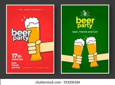 Beer Party Poster Or Flyer Design. Glass Of Beer In Hand. Vector Illustration