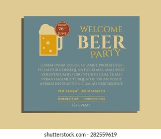 Beer party poster invitation template with glass of beer. Vintage design for club, pub or night beer party. Isolated on retro color background. Vector illustration