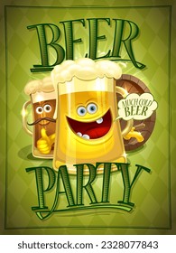 Beer party poster, invitation or web bannerdesign with cartoon happy beer mugs personages