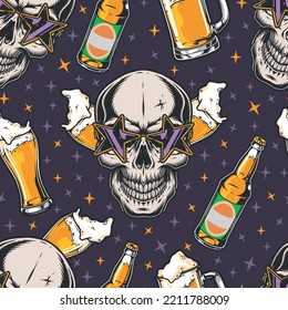 Beer Party Seamless Pattern Vintage Colorful With Skull In Trendy Glasses For Nightclub Or Frat Party Vector Illustration